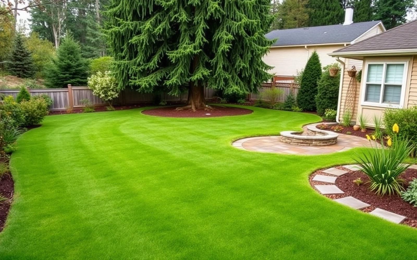 Backyard with a large fir, wide lawn and planting borders